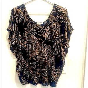 Kim & Cami Black Rose Gold Leaf Print Drop Shoulder Top L